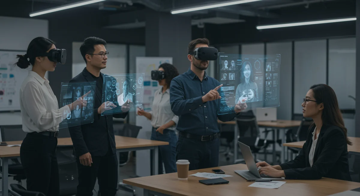 Business professionals collaborating in a 5G-enabled office with augmented reality and holographic projections.