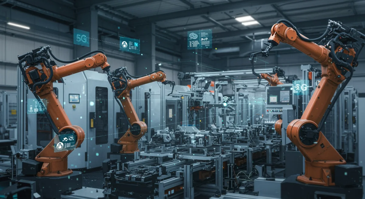 Robotic factory floor showcasing 5G-powered industrial automation and smart manufacturing.