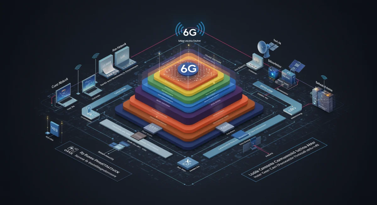 Detailed 6G network architecture diagram showing AI and satellite integration