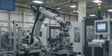 Advanced robotic arm assembling components in a US manufacturing facility, showcasing automation.