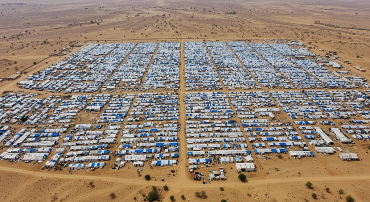Aerial view of a large refugee camp, emphasizing the vast scale of global displacement.