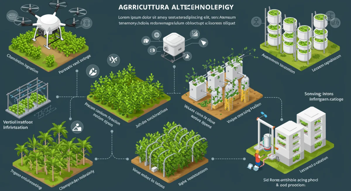 Infographic illustrating advanced agricultural technologies for enhanced food production and resilience.