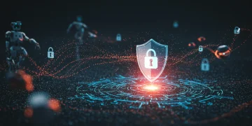 Futuristic digital shield protecting US enterprises from AI cybersecurity threats.