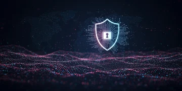 Futuristic AI cybersecurity shield protecting US enterprise data