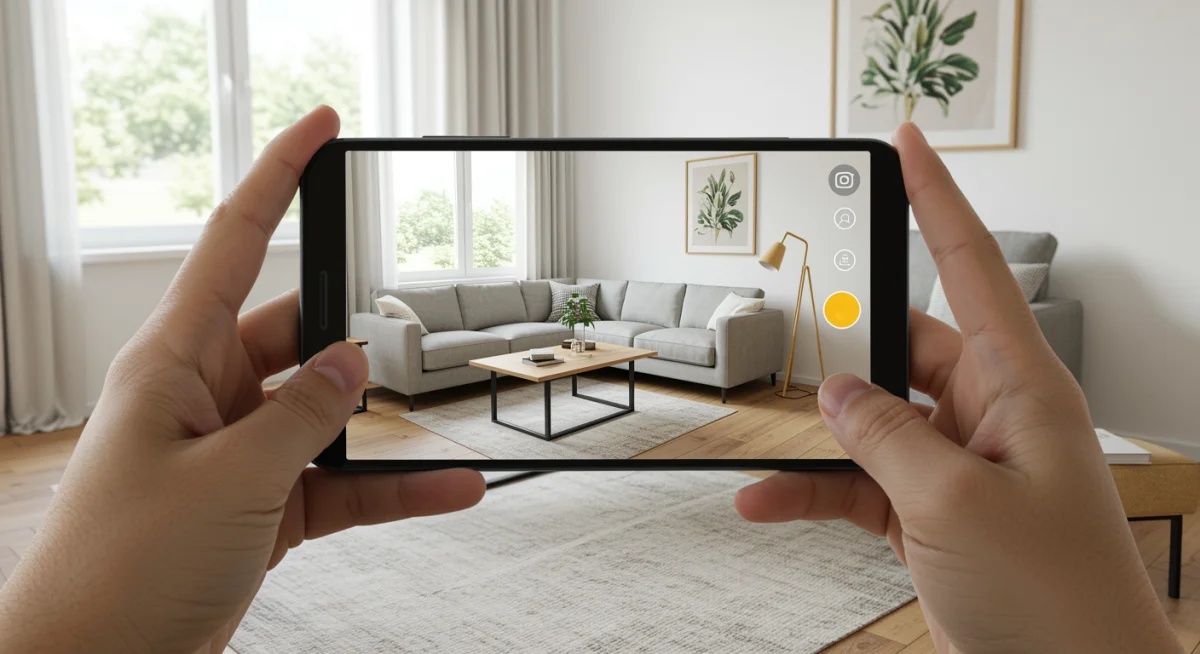 Consumer visualizing virtual furniture in their home using an augmented reality app on a smartphone