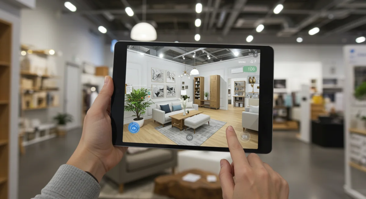 Customer using AR app to visualize furniture in a virtual room setting.