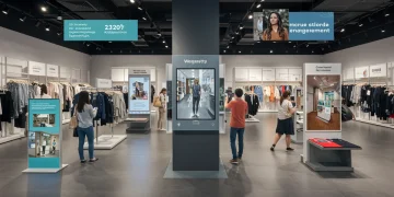 Customers engaging with augmented reality in a modern US retail store, enhancing their shopping experience.