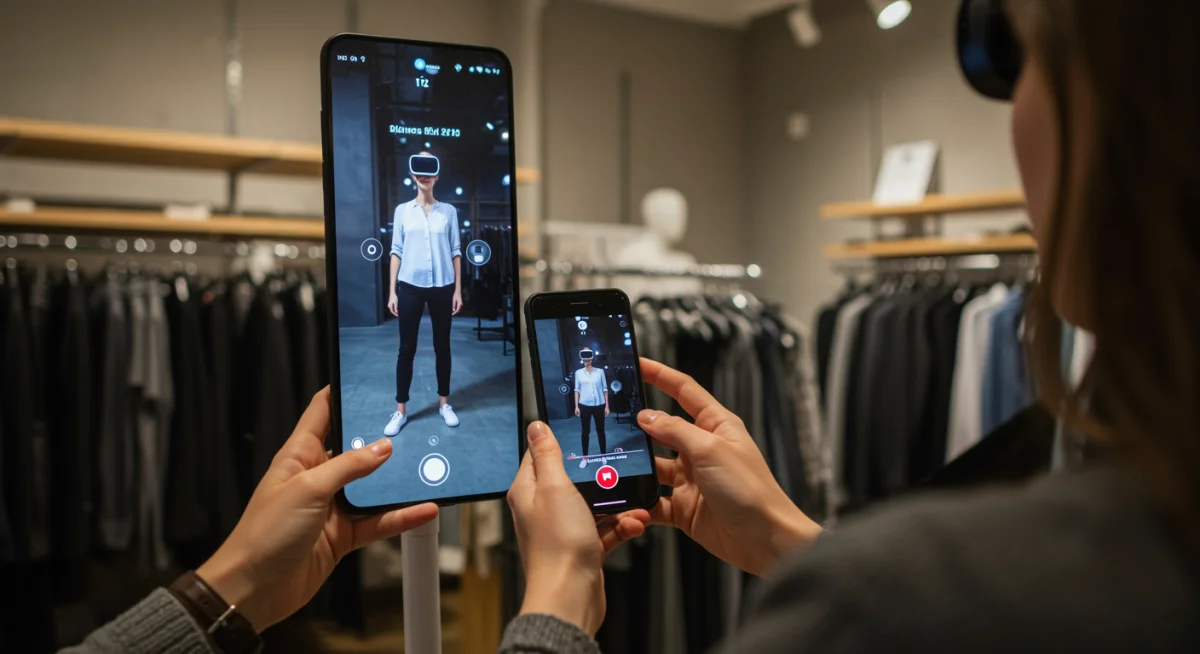Woman using AR app to virtually try on clothes in a retail store.