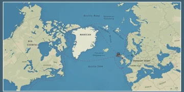 Map of Arctic Council member states, US interests, and major shipping routes in 2025.
