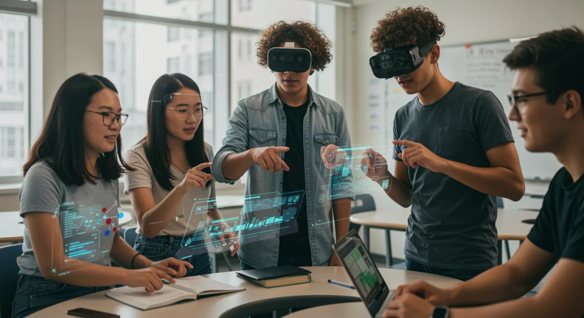 Students collaborating with augmented reality in a dynamic learning environment.