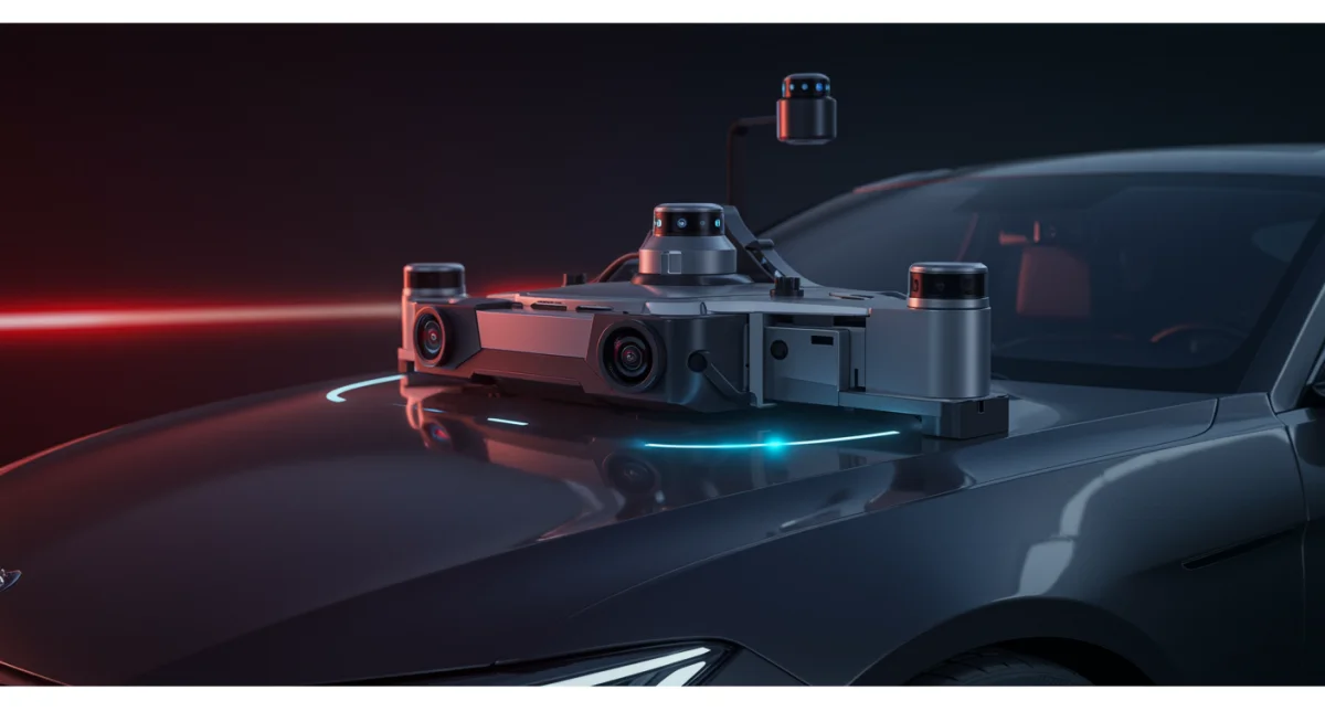 Close-up of advanced sensor technology on a Level 4 autonomous vehicle.