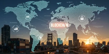 Digital illustration of blockchain enhancing US supply chain efficiency