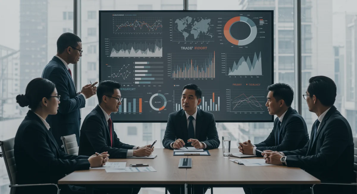 Business leaders analyzing economic projections for future trade deals.