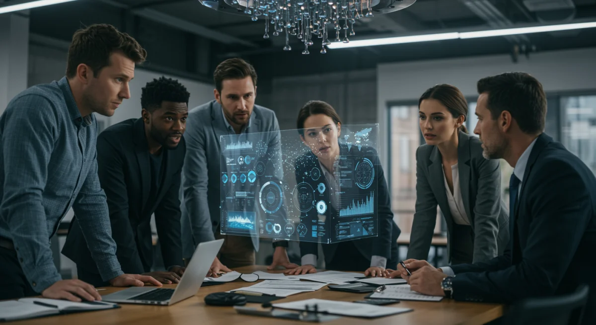 Business team analyzing quantum algorithms on a holographic display, strategizing for future tech adoption.