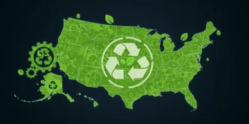 Illustration of circular economy principles with gears, recycling symbols, and green leaves over a US map.
