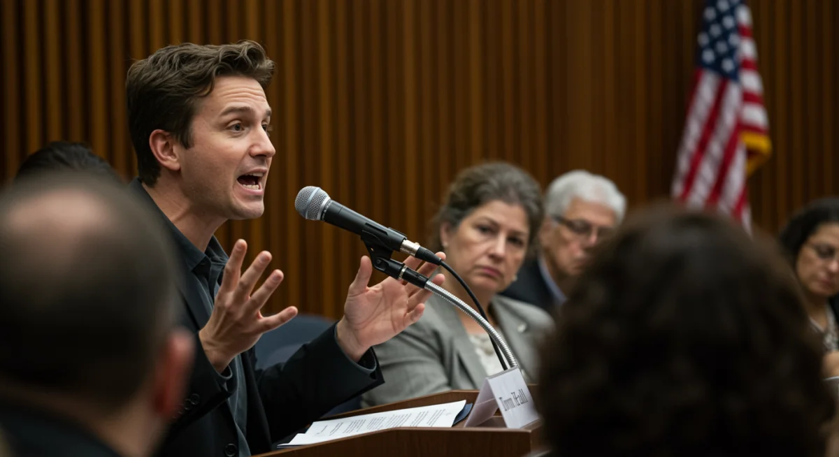 Citizen speaking at a town hall meeting about social policy