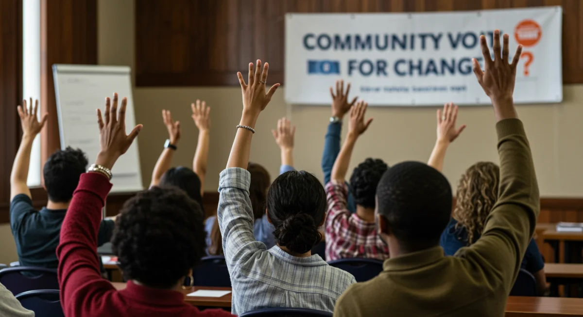 Diverse group engaging in a town hall meeting, representing active civic participation.