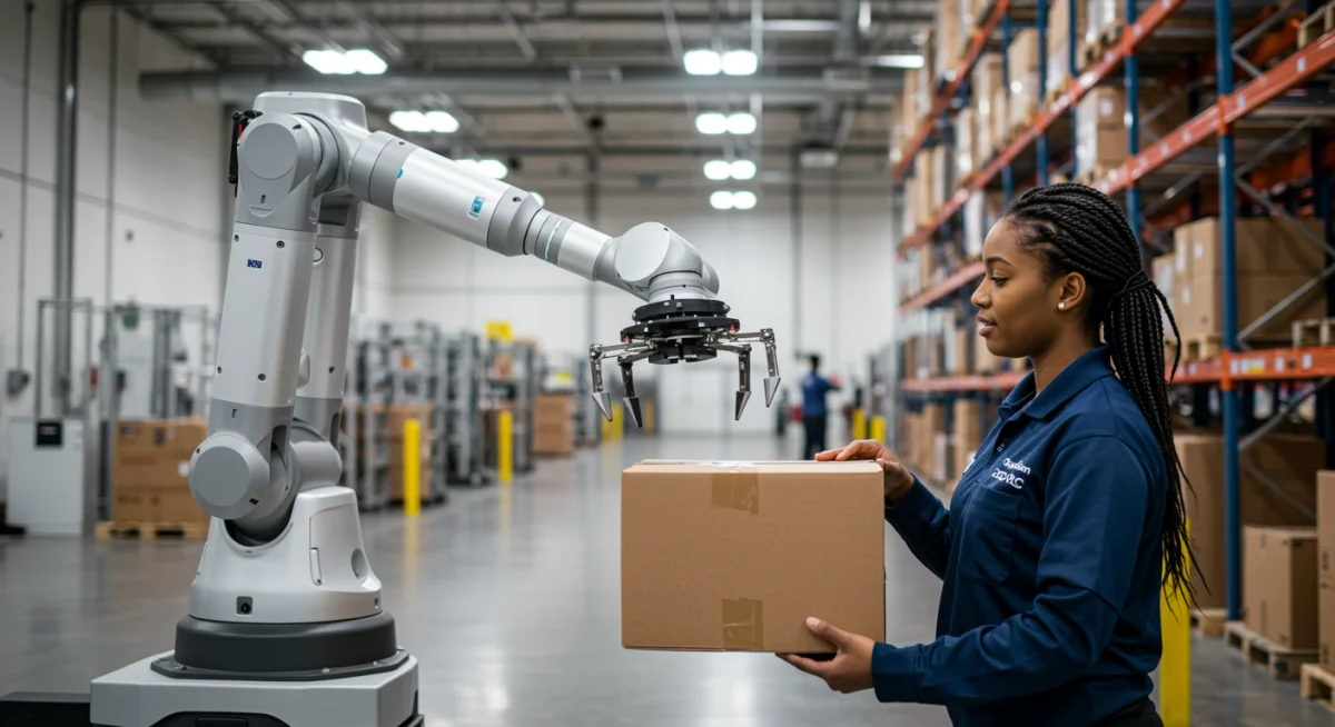 Collaborative robot assisting human worker in US warehouse operations.