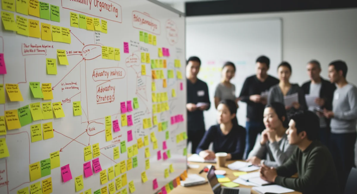 Whiteboard with sticky notes outlining community advocacy strategies.