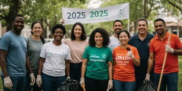 Diverse community members collaborating on a clean-up, symbolizing unity and progress towards social equity goals by 2025.