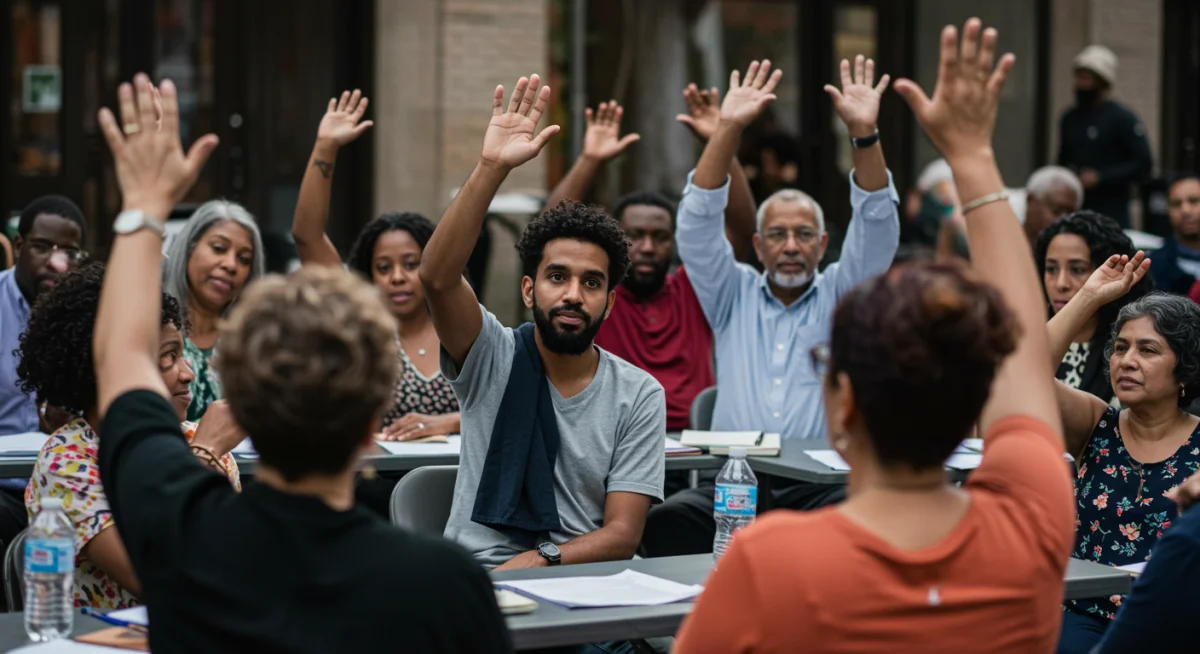 Community members engaging with local officials on social equity issues