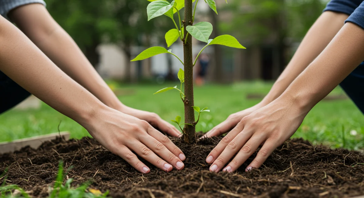 Diverse hands planting a tree in a community garden, representing sustainable local development and shared investment.