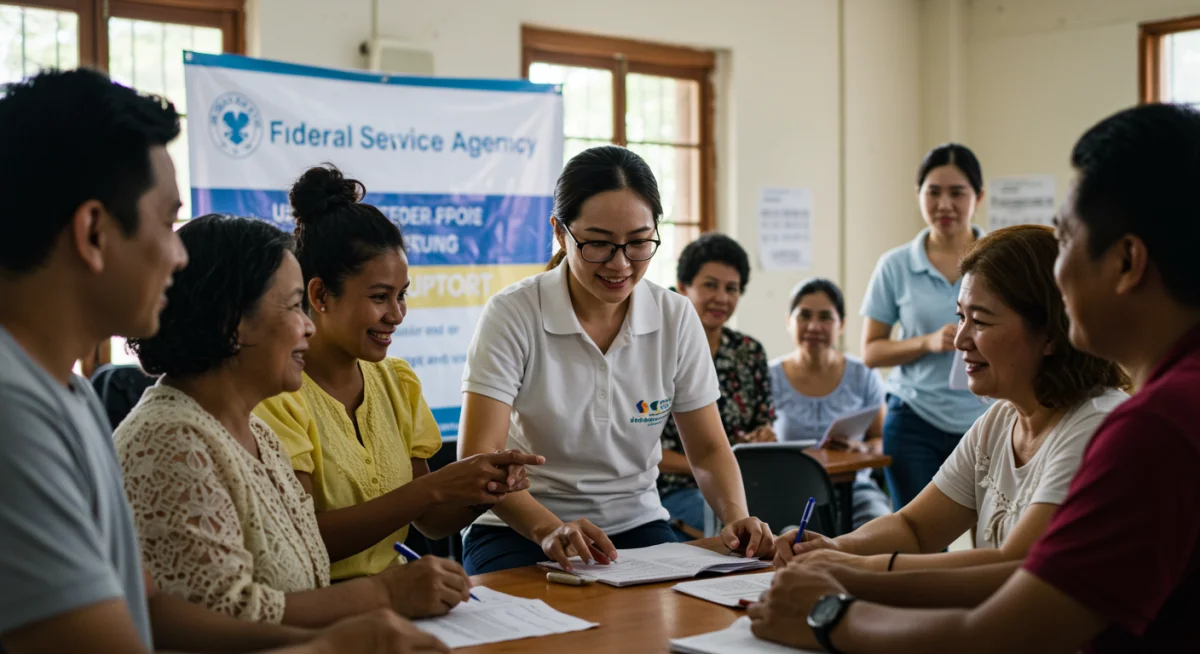 Social service agency staff assisting diverse community members, symbolizing federal funding impact.