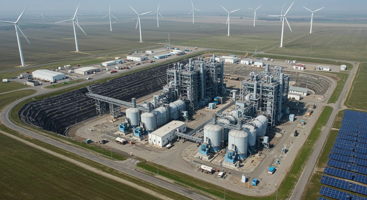 Aerial view of a compressed air energy storage plant connected to renewable sources.