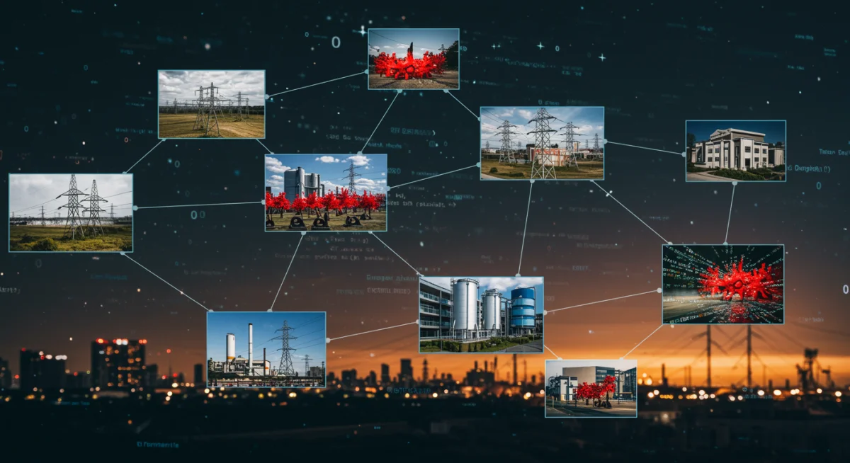 Critical infrastructure under cyber attack, showing network vulnerabilities and state-sponsored threats.