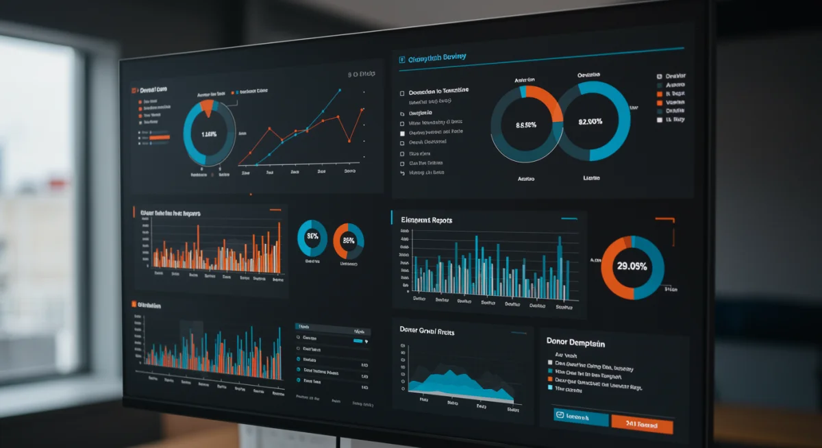Digital dashboard showing charitable giving metrics, impact reports, and blockchain transactions for transparency.
