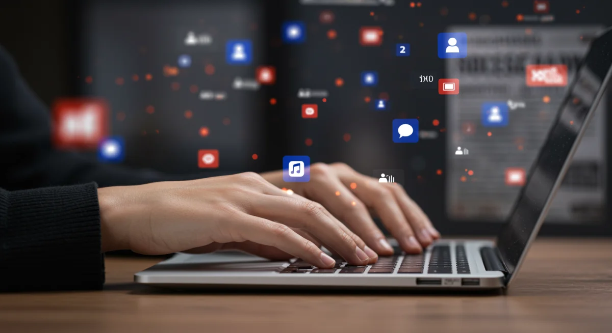 Person engaged in digital advocacy, using a laptop to influence political discourse online.