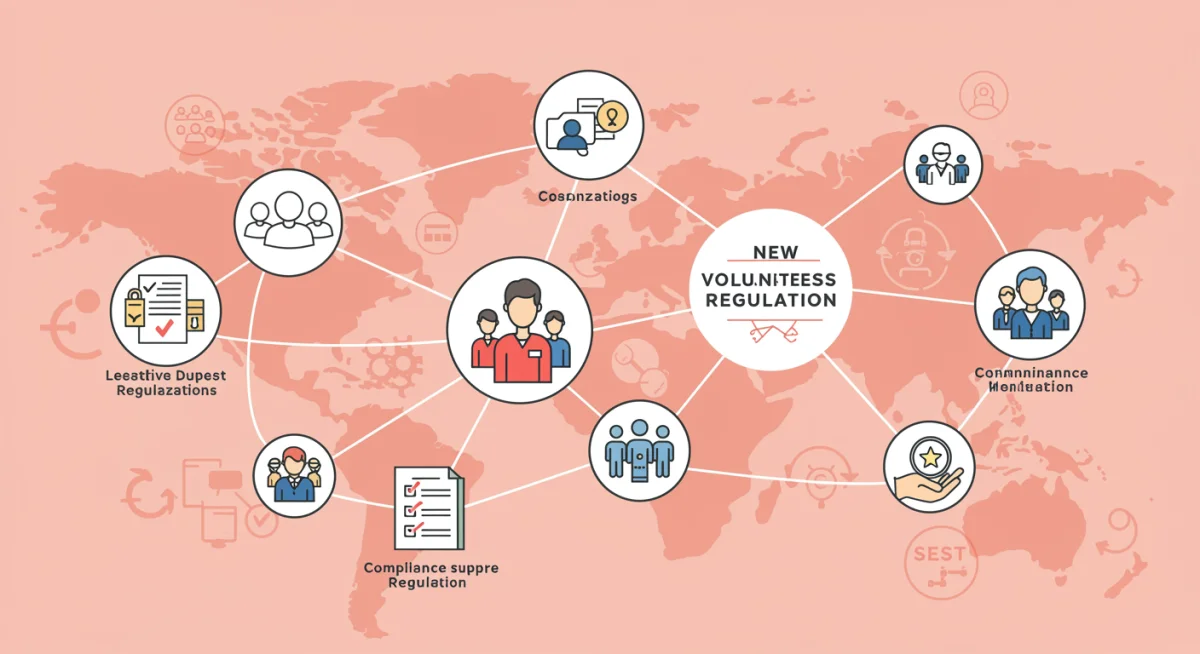 Digital network illustrating compliance and community support for new volunteer laws