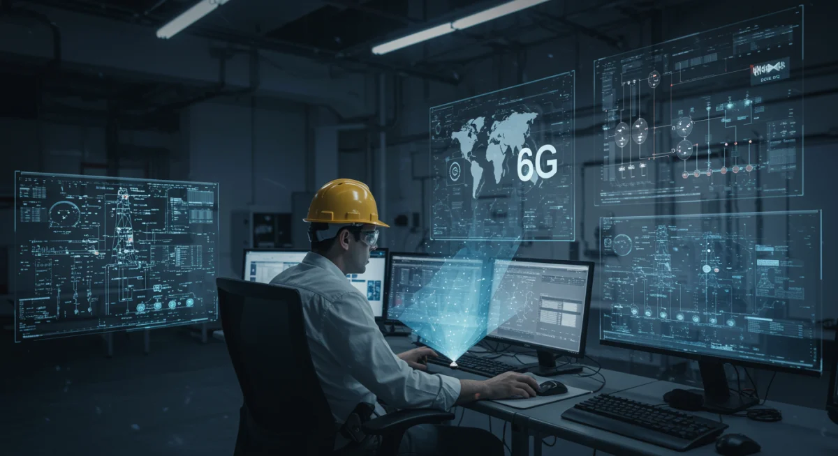 Engineers monitoring a 6G-powered smart grid system in the US