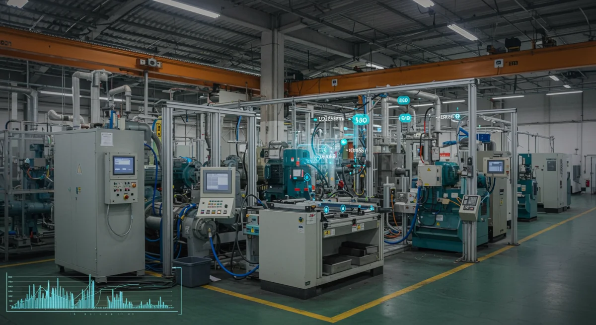 Real-time data overlay on manufacturing equipment showing predictive maintenance insights.