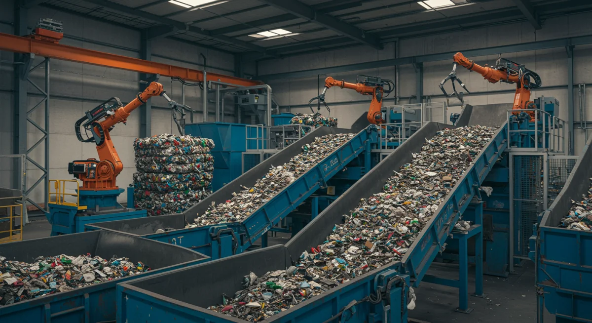 Modern factory sorting and processing waste for reuse in a circular economy.