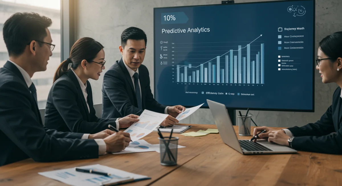 Executives analyzing financial reports showing 10% efficiency gain from predictive analytics.