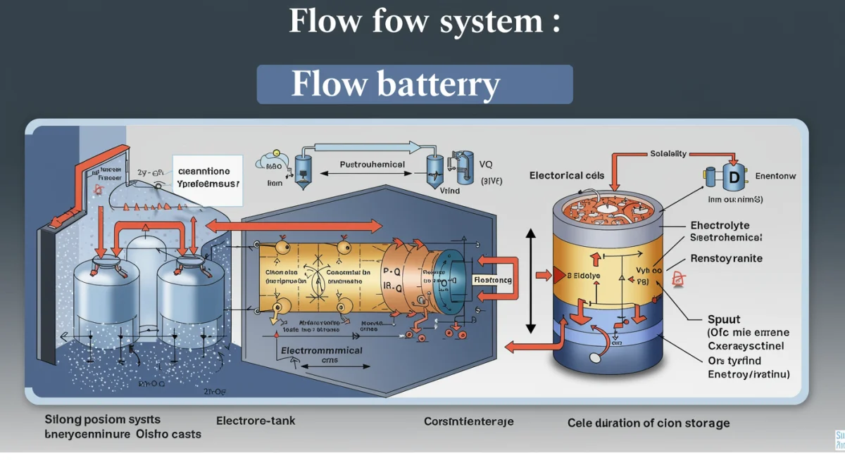 Detailed diagram of a flow battery system for long-duration energy storage.