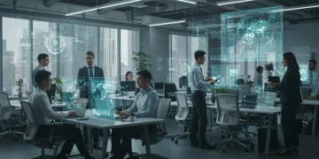 Future of work in the US, with diverse professionals using advanced technology