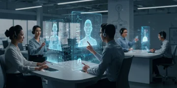 Futuristic customer service hub with conversational AI interfaces