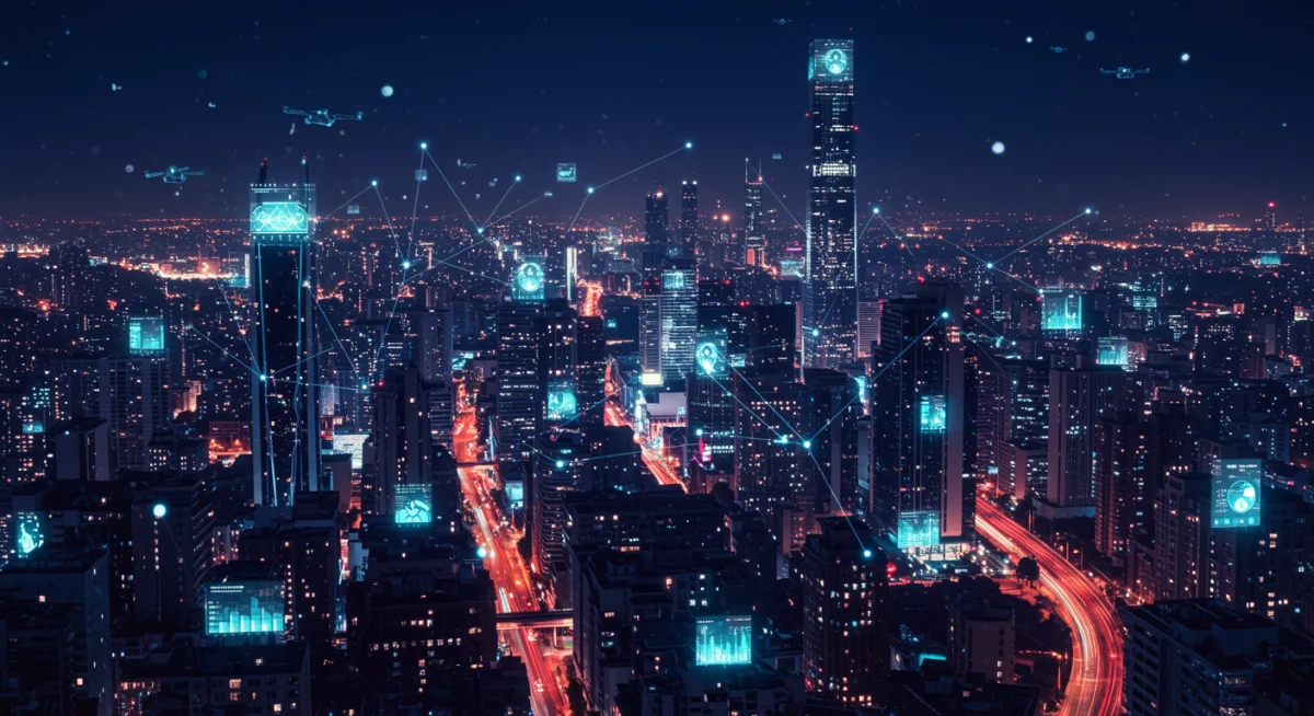 Futuristic cityscape with digital networks, representing advanced AI infrastructure and economic transformation.