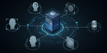 Futuristic biometric data protection in 2025, showing converging authentication methods.