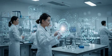 Futuristic lab with scientists analyzing holographic molecular structures and AI data for drug discovery.