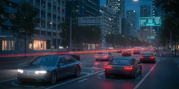 Futuristic urban scene with Level 4 autonomous vehicles on a smart city street at dusk.