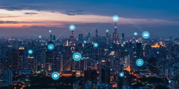 Futuristic cityscape with glowing 5G network towers illustrating advanced enterprise connectivity.