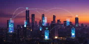 Futuristic cityscape with advanced 6G network connectivity in the US by 2035