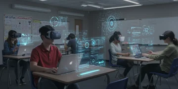 Students engaging with advanced EdTech, including VR and AI, in a modern classroom setting.