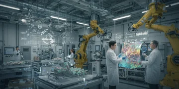 Futuristic US manufacturing plant showcasing advanced materials science innovation