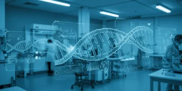 Scientists analyzing DNA sequences in a futuristic lab for genomic medicine advancements