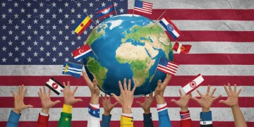 Global hands supporting democratic symbols, U.S. foreign policy 2025