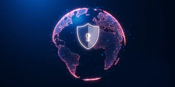 Digital globe with shield symbolizing US global efforts against disinformation